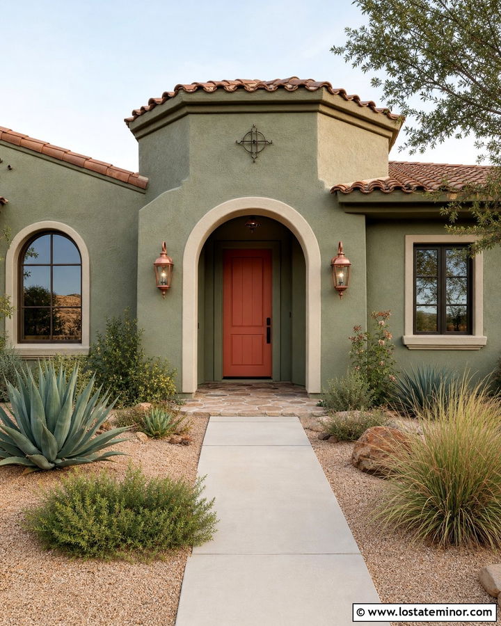 Sage Green House With A Terracotta Door - 30 Sage Green House Design With Accents Ideas