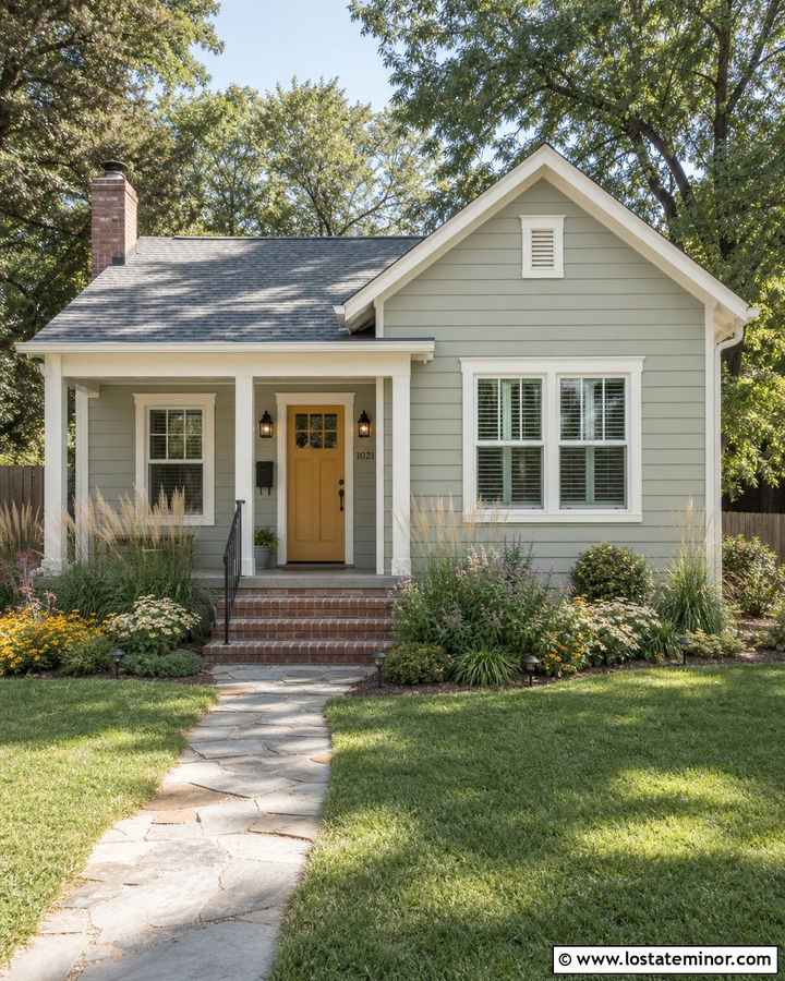 Sage Green House With A Yellow Front Door - 30 Sage Green House Design With Accents Ideas