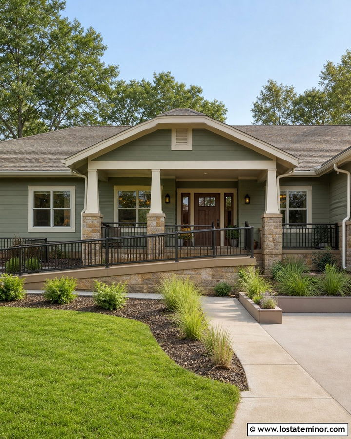 Sage Green House With Accessible Ramp Railings - 30 Sage Green House Design With Railings Ideas