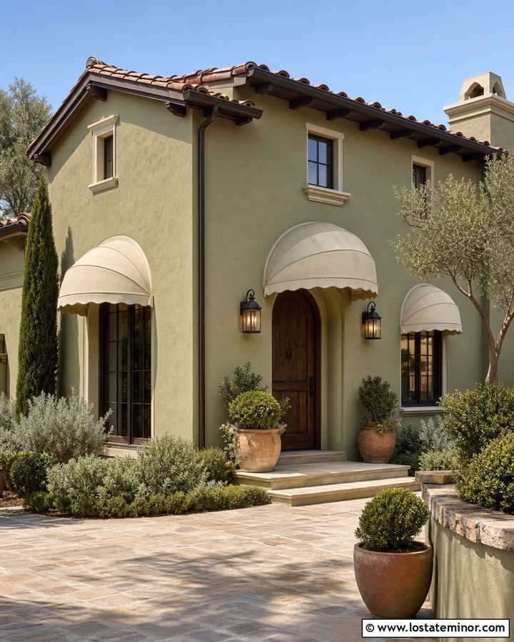 Sage Green House With Arched Fabric Awning - 30 Sage Green House Design With Awning Ideas