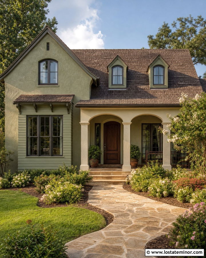 Sage Green House With Arched Porch Columns - 30 Sage Green House Design With Porch Columns Ideas