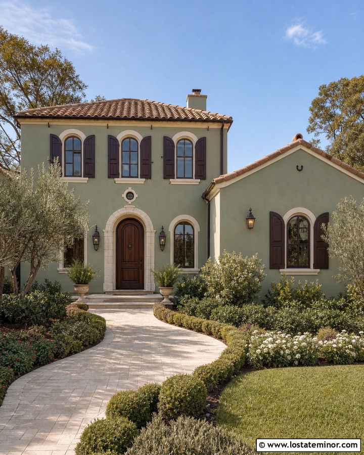 Sage Green House With Arched Shutters - 30 Sage Green House Design With Shutters Ideas