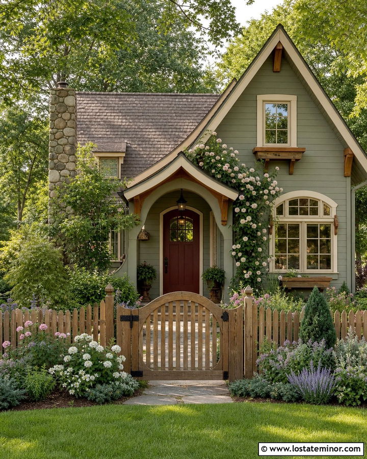 Sage Green House With Arched Wood Gate - 30 Sage Green House Design With Fence Ideas