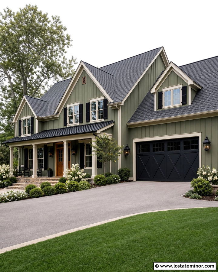 Sage Green House With Black Carriage Garage Door - 30 Sage Green House Design With Garage Door Ideas