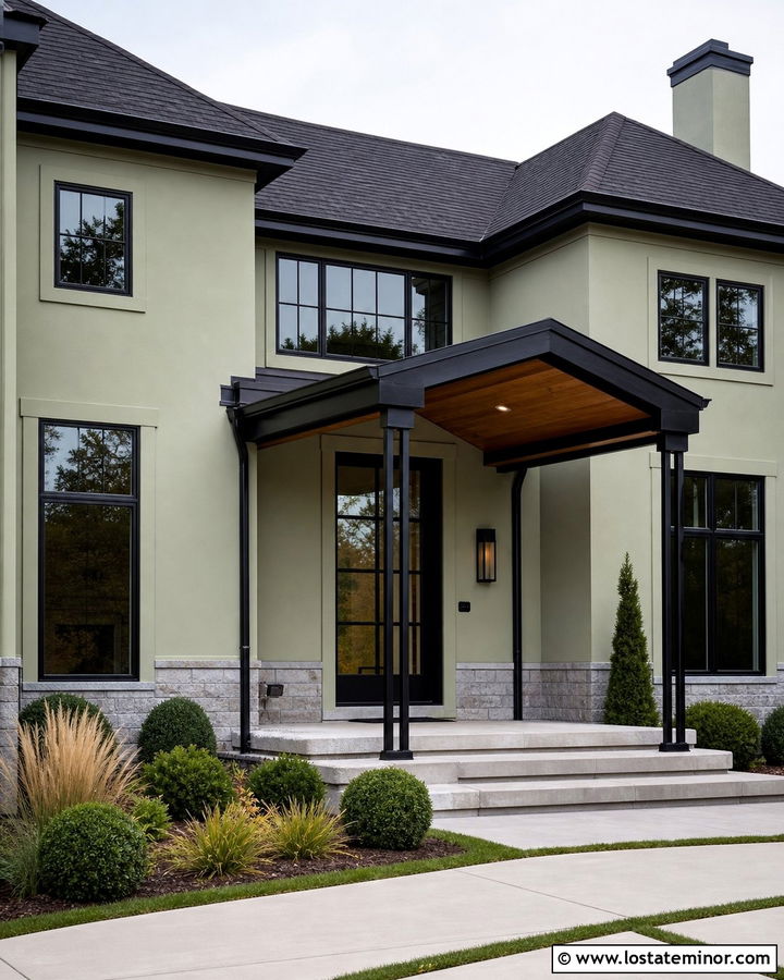 Sage Green House With Black Column Portico - 30 Sage Green House Design With Portico Ideas