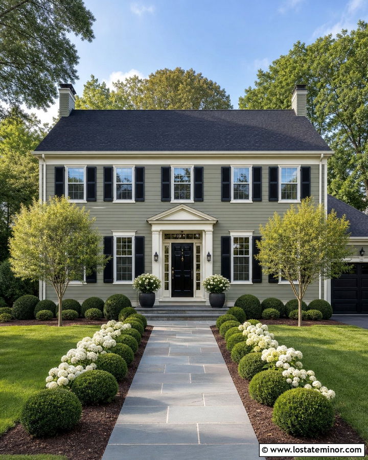 Sage Green House With Black Door And Boxwood Hedges - 30 Sage Green House Design With Landscaping Ideas