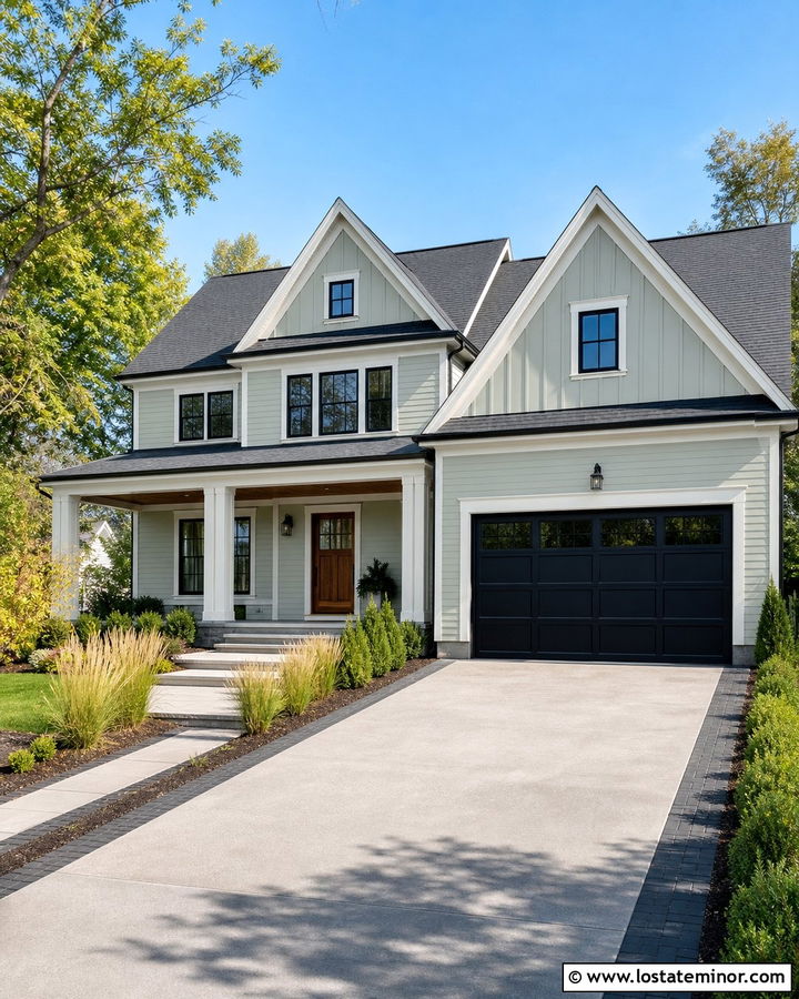 Sage Green House With Black Garage Door Driveway - 30 Sage Green House Design With Driveway Ideas