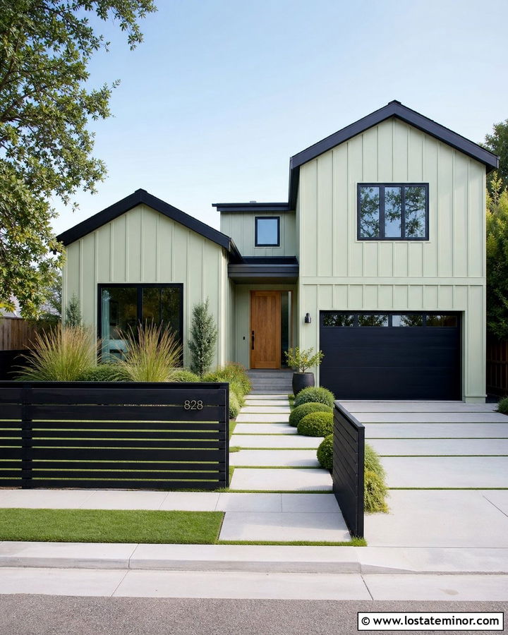 Sage Green House With Black Horizontal Fence - 30 Sage Green House Design With Fence Ideas