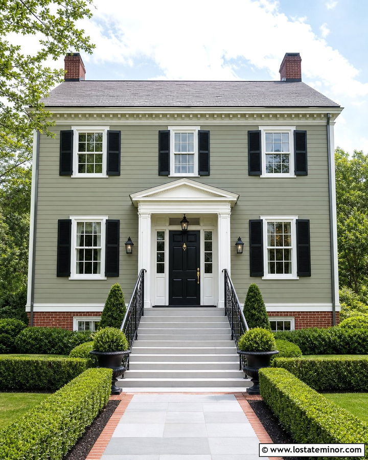 Sage Green House With Black Iron Railings - 30 Sage Green House Design With Steps Ideas
