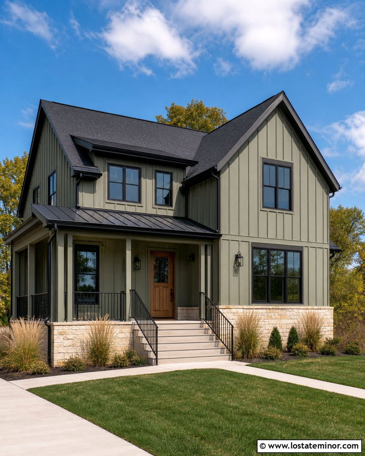Sage Green House With Black Metal Railings - 30 Sage Green House Design With Railings Ideas