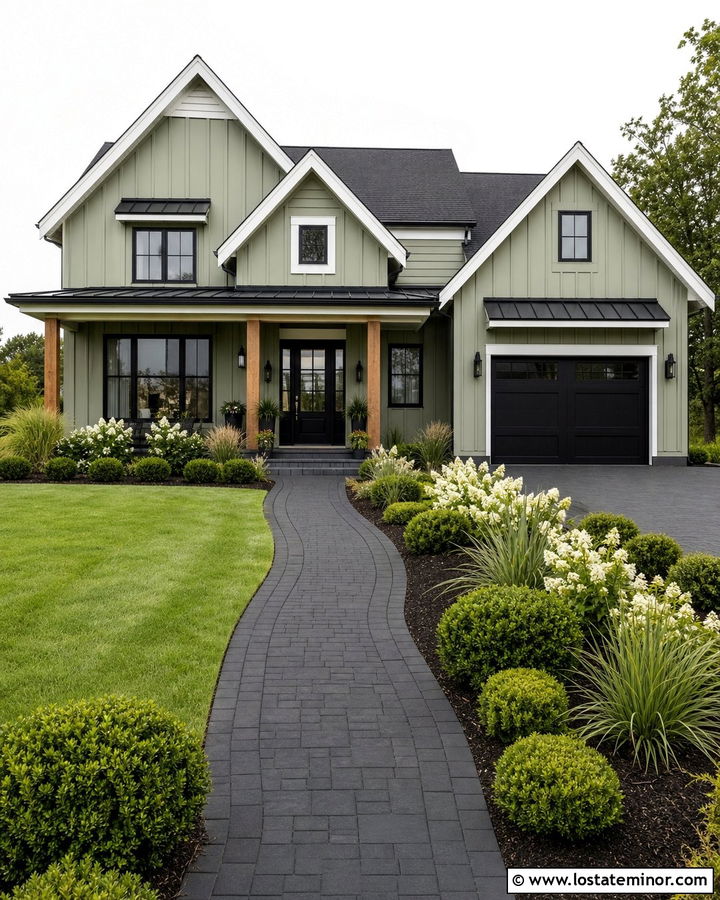 Sage Green House With Black Paver Walkway - 30 Sage Green House Design With Walkway Ideas