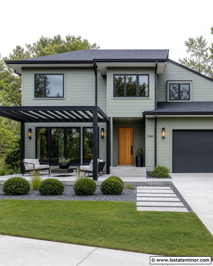 Sage Green House With Black Pergola - 30 Sage Green House Design With Pergola Ideas