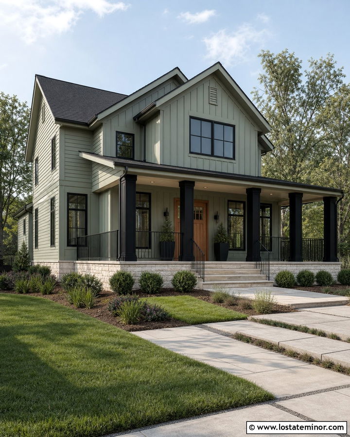 Sage Green House With Black Porch Columns - 30 Sage Green House Design With Porch Columns Ideas