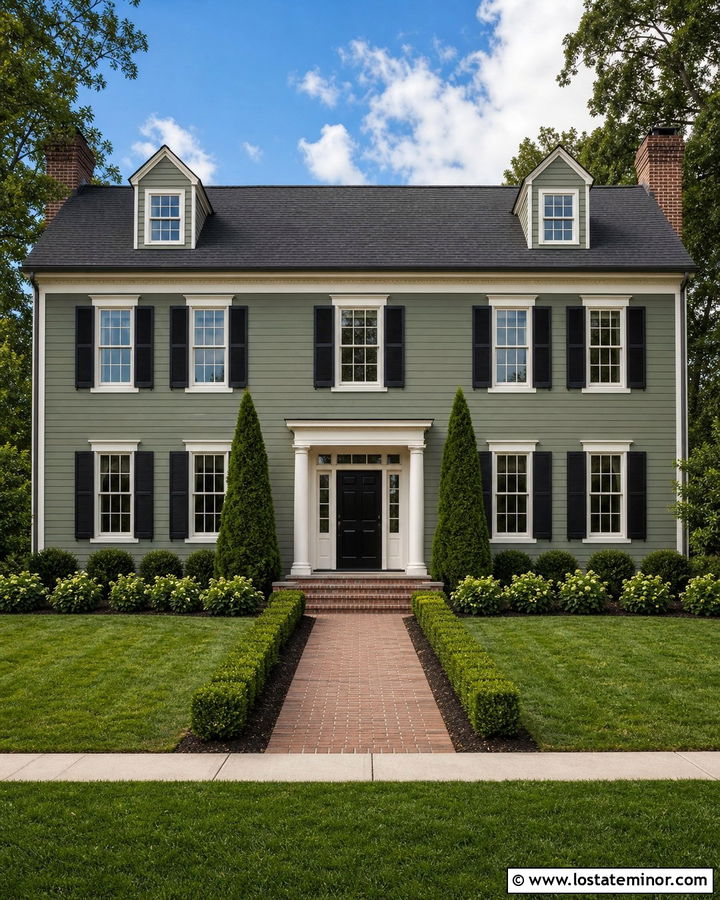 Sage Green House With Black Shutters And Boxwoods - 30 Sage Green House Design With Front Yard Ideas