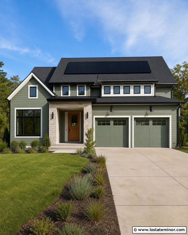 Sage Green House With Black Solar Roof - 30 Sage Green House Design With Roof Ideas