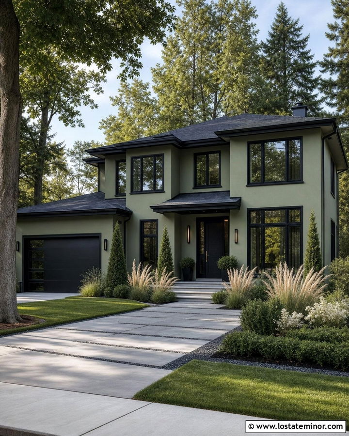 Sage Green House With Black Trim And Ornamental Grass - 30 Sage Green House Design With Landscaping Ideas