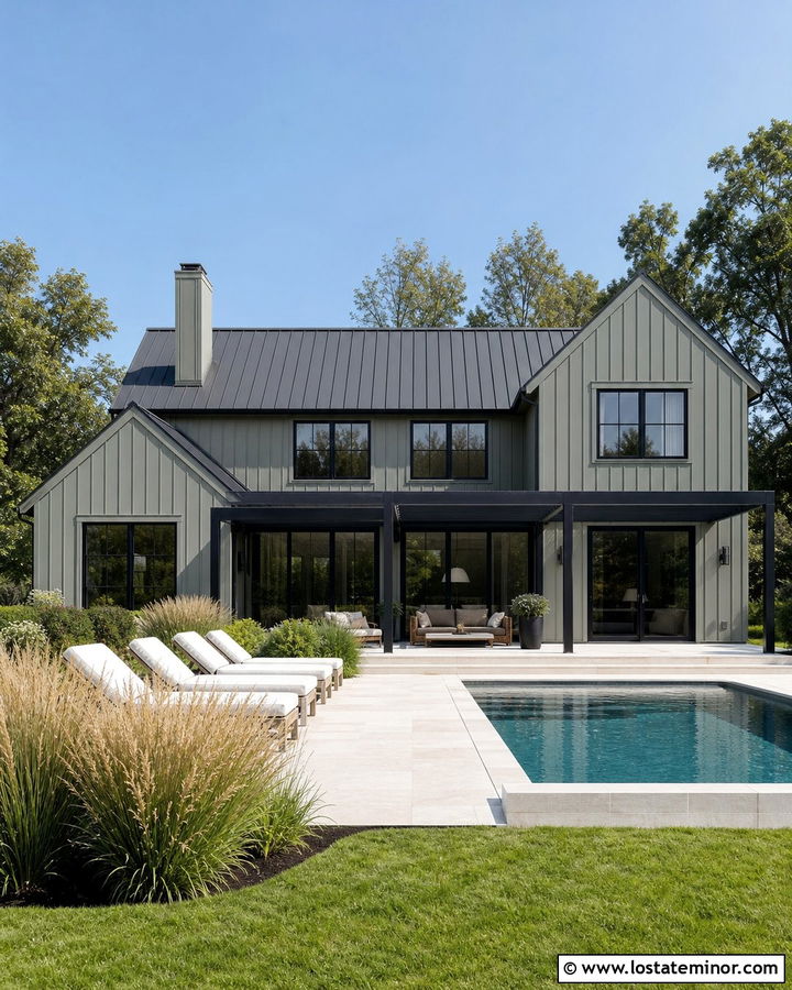 Sage Green House With Black Trim And Pool - 30 Sage Green House Design With Backyard Ideas