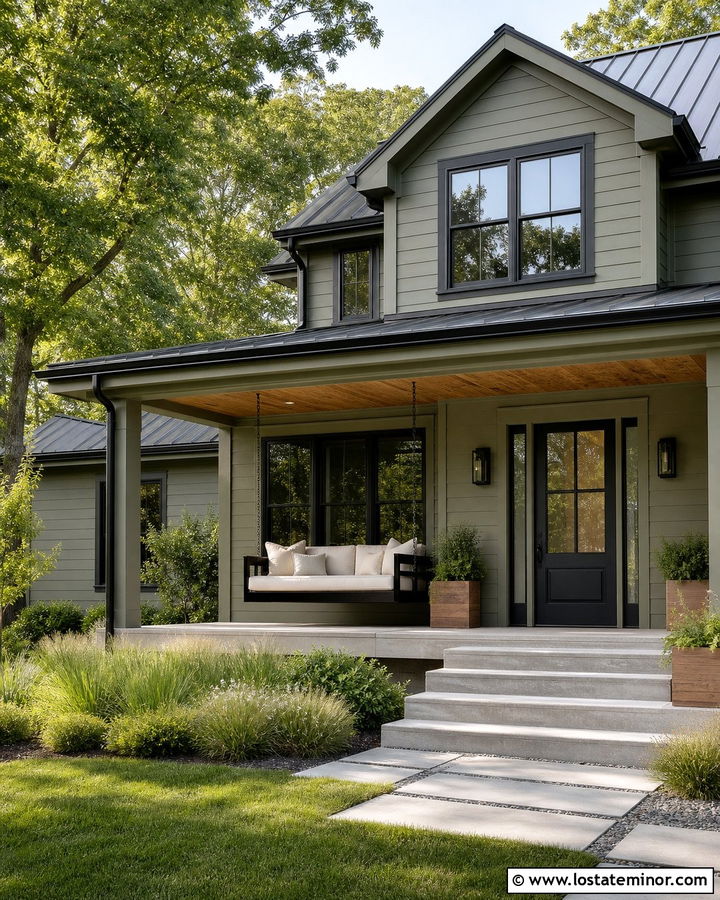 Sage Green House With Black Trim And Swinging Daybed - 30 Sage Green House Design With Daybed Ideas