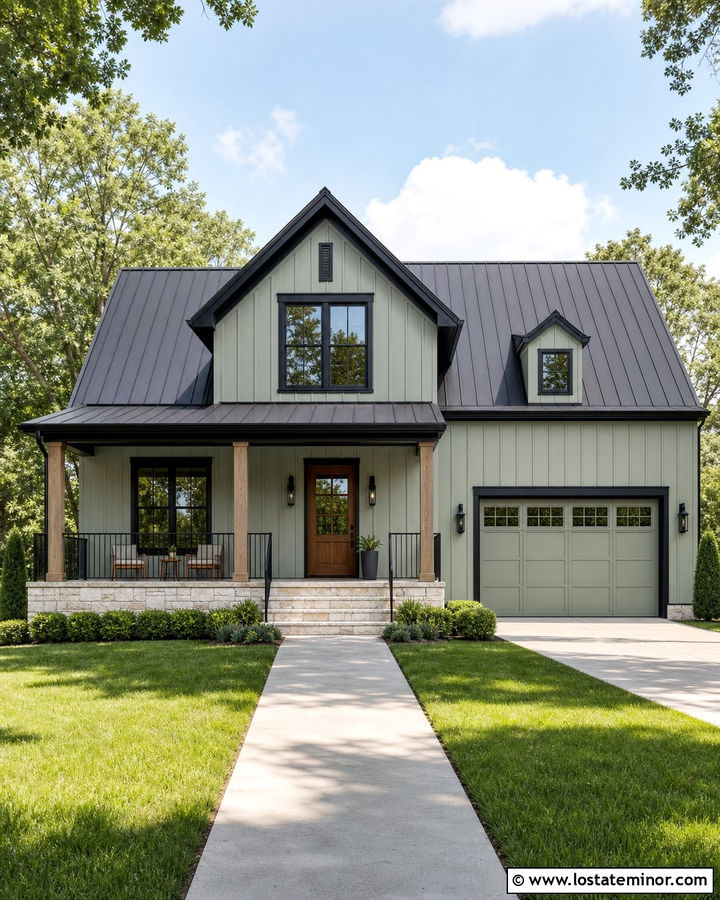 Sage Green House With Black Trim And Wood Door - 30 Sage Green House Design With Trim Ideas