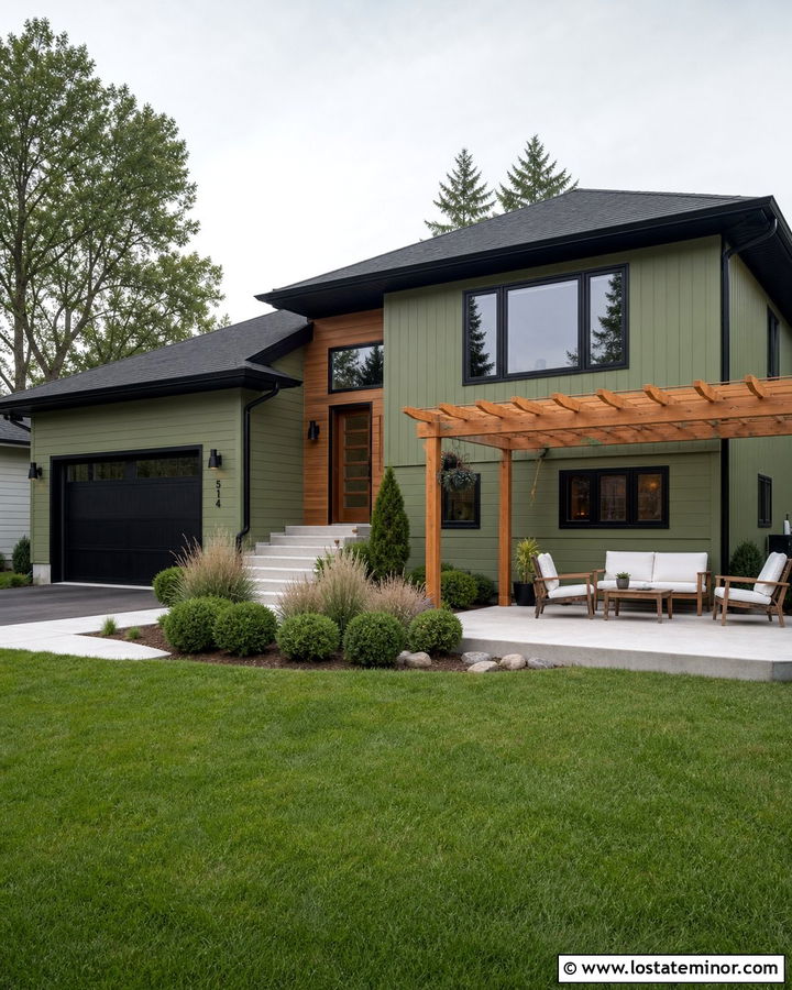Sage Green House With Black Trim And Wood Pergola - 30 Sage Green House Design With Pergola Ideas