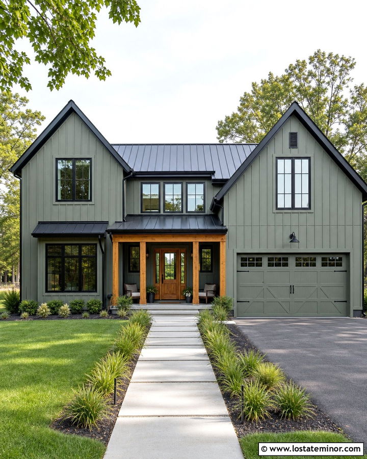 Sage Green House With Black Window Frames And A Metal Roof - 30 Sage Green House Design With Window Frames Ideas