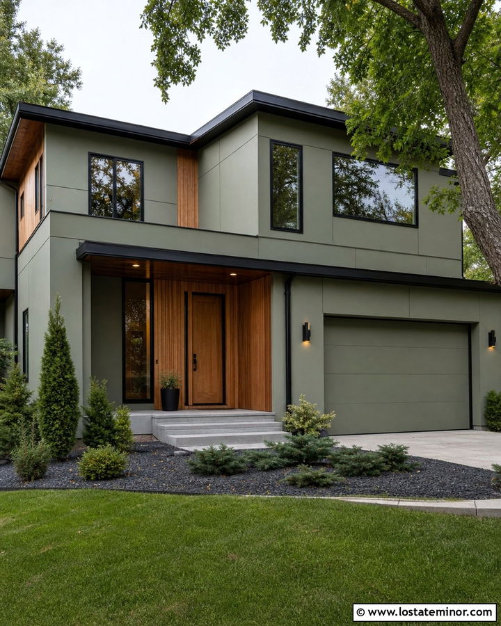 Sage Green House With Black Window Frames And Cedar Siding - 30 Sage Green House Design With Window Frames Ideas