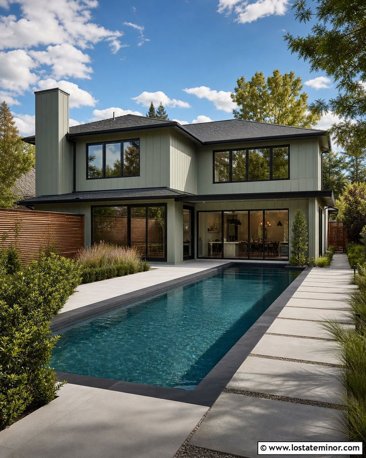 Sage Green House With Black Window Frames And Lap Pool - 30 Sage Green House Design With Swimming Pool Ideas