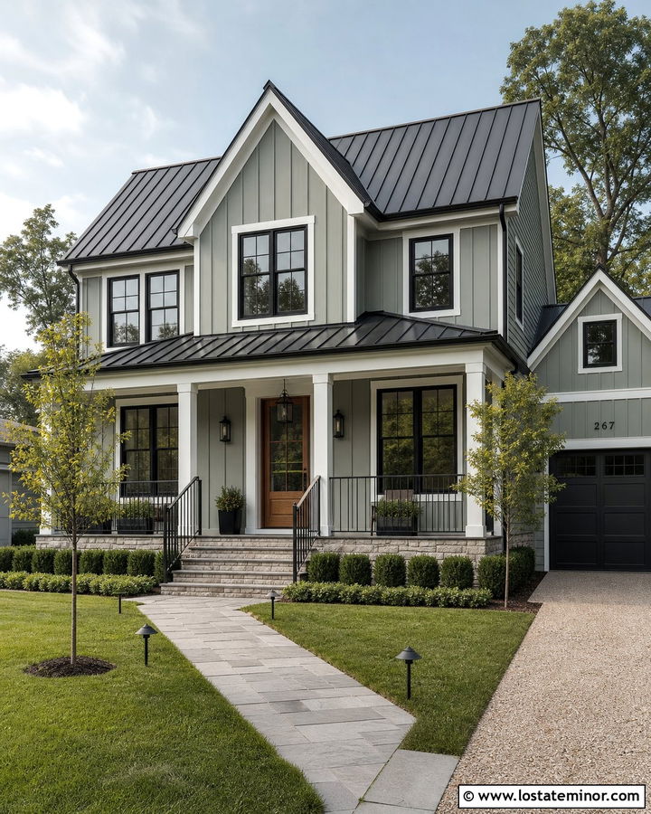Sage Green House With Black Window Frames And White Trim - 30 Sage Green House Design With Window Frames Ideas