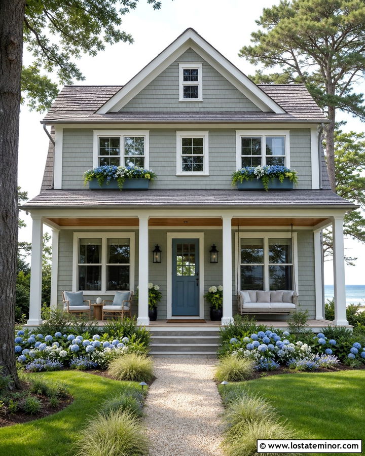 Sage Green House With Blue Window Boxes - 30 Sage Green House Design With Window Boxes Ideas
