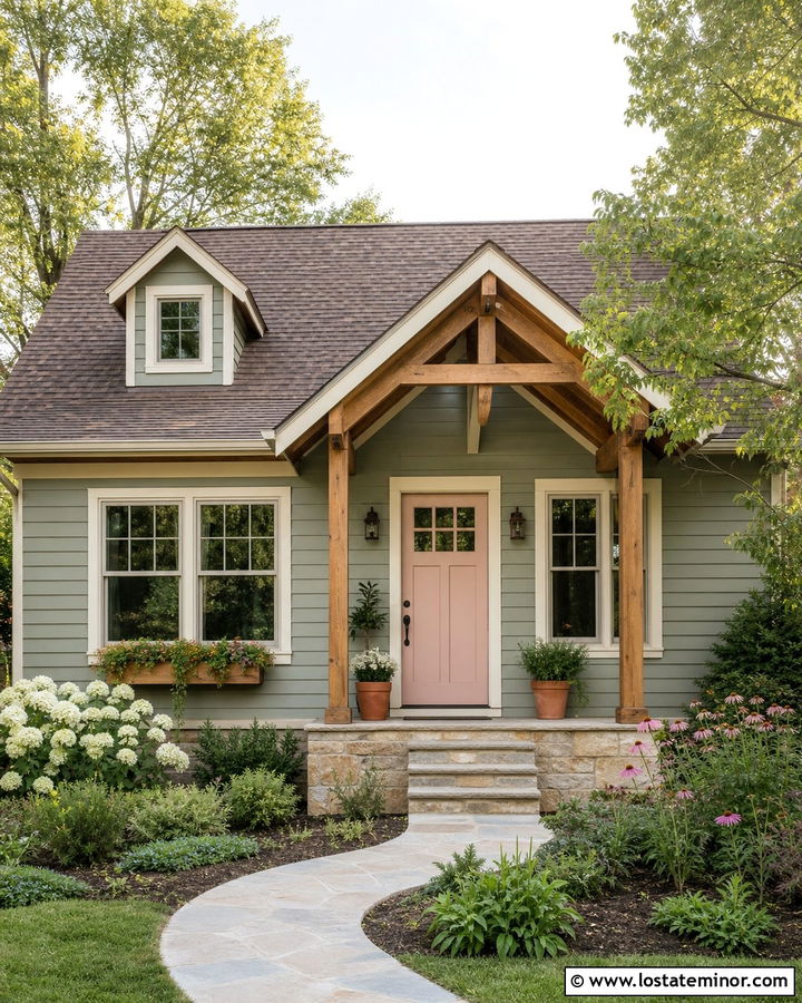 Sage Green House With Blush Pink Front Door - 30 Sage Green House Design With Front Door Ideas