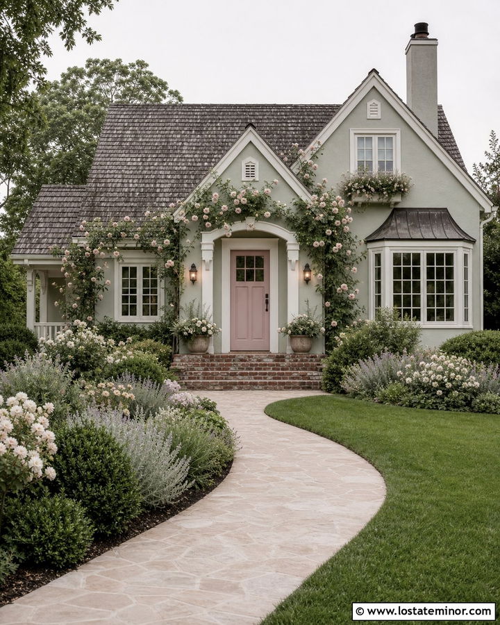 Sage Green House With Blush Pink Front Door - 30 Sage Green House Design With Entry Door Ideas