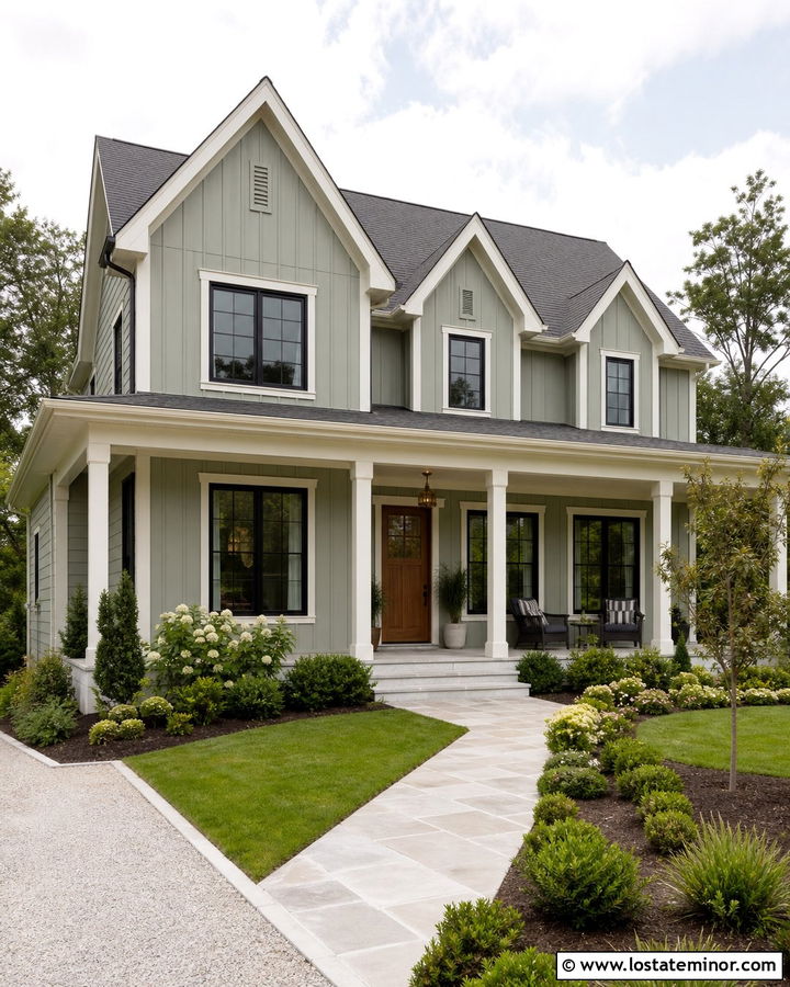 Sage Green House With Brass Porch Pendant - 30 Sage Green House Design With Lighting Ideas