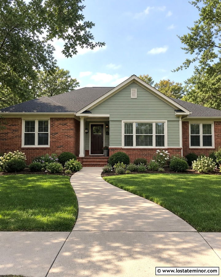 Sage Green House With Brick Accents And Foundation Shrubs - 30 Sage Green House Design With Front Yard Ideas