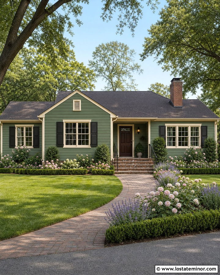 Sage Green House With Brick Accents And Rose Beds - 30 Sage Green House Design With Landscaping Ideas