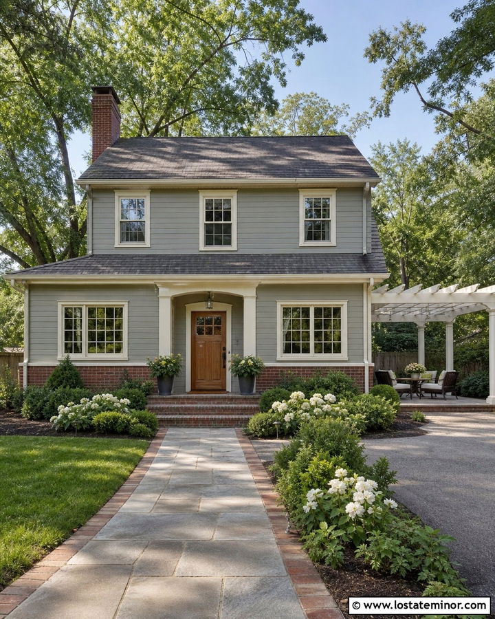Sage Green House With Brick Accents And White Pergola - 30 Sage Green House Design With Pergola Ideas