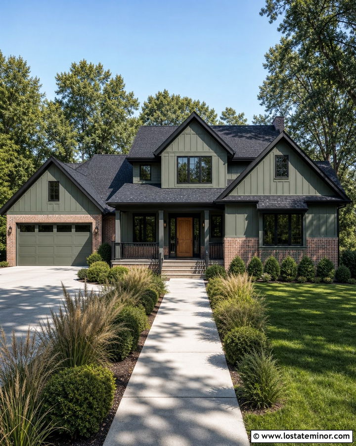 Sage Green House With Brick And Black Trim - 30 Sage Green House Design With Brick Accents Ideas
