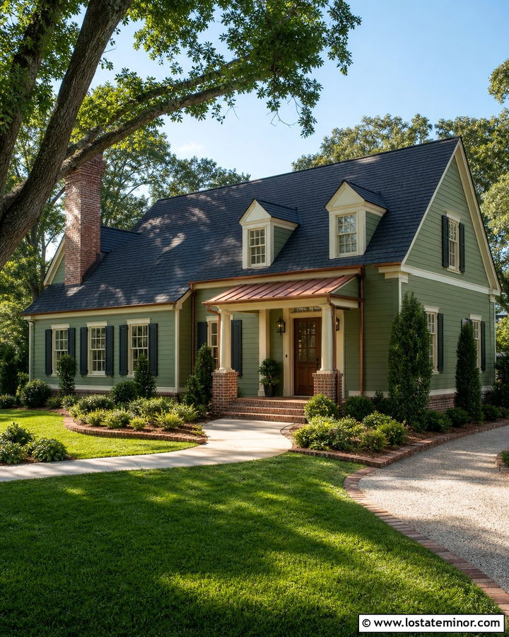 Sage Green House With Brick And Copper Accents - 30 Sage Green House Design With Brick Accents Ideas