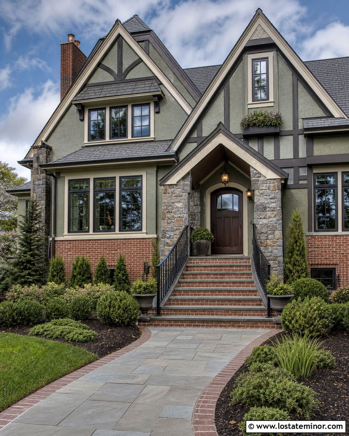 Sage Green House With Brick And Stone Steps - 30 Sage Green House Design With Steps Ideas