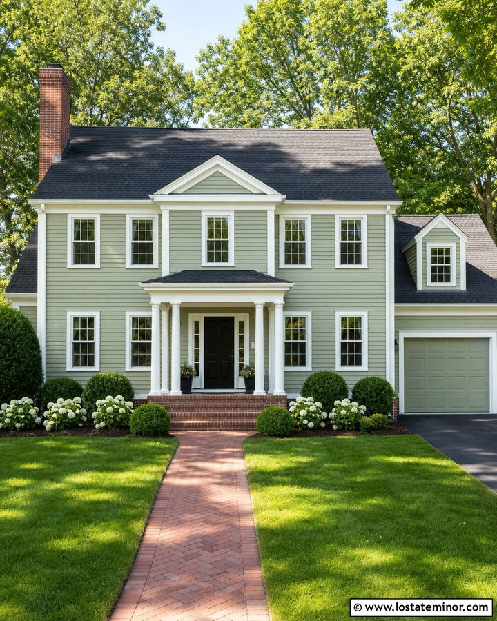 Sage Green House With Brick And White Trim - 30 Sage Green House Design With Brick Accents Ideas