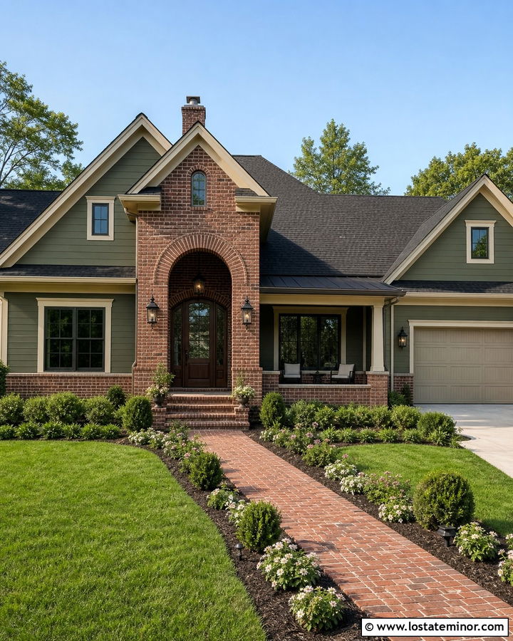 Sage Green House With Brick Archway - 30 Sage Green House Design With Brick Accents Ideas