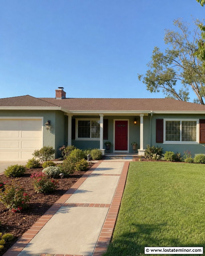 Sage Green House With Brick Border Walkway - 30 Sage Green House Design With Walkway Ideas