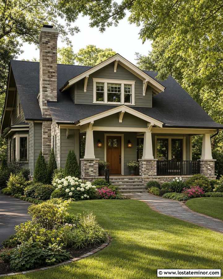 Sage Green House With Brick Chimney And Porch - 30 Sage Green House Design With Brick Accents Ideas