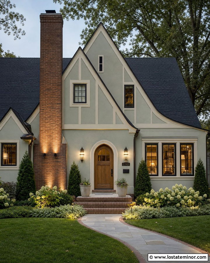 Sage Green House With Brick Chimney Uplights - 30 Sage Green House Design With Lighting Ideas