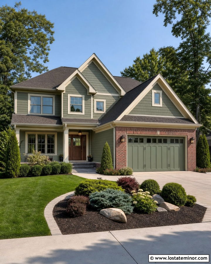 Sage Green House With Brick Garage - 30 Sage Green House Design With Brick Accents Ideas