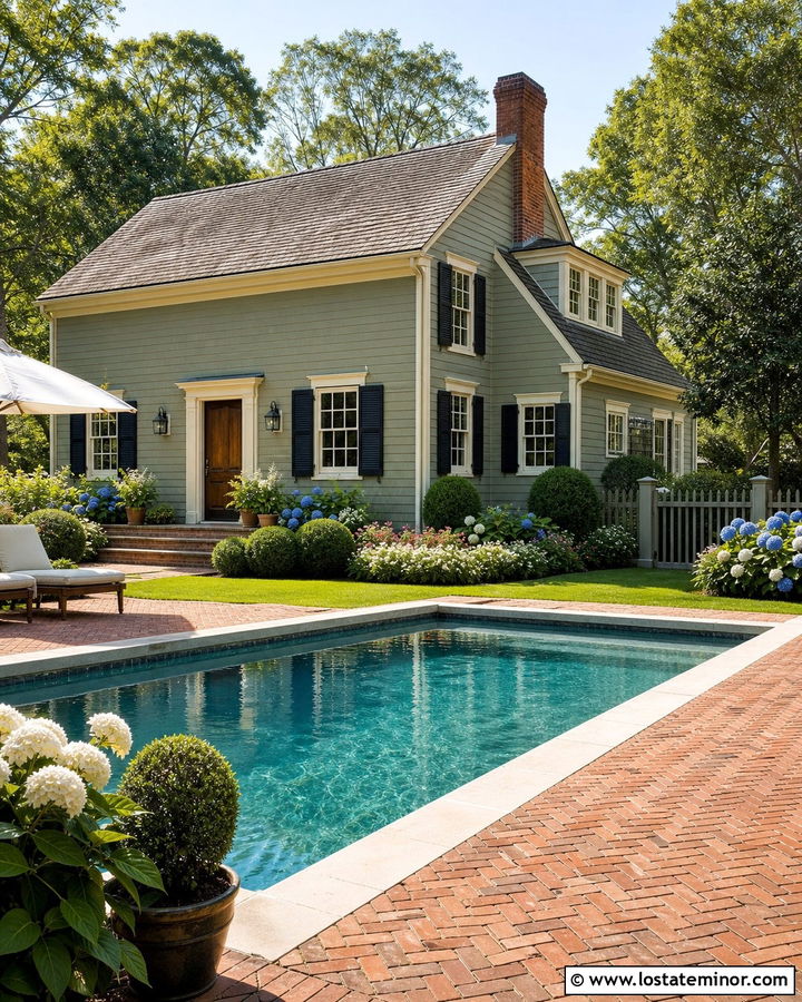 Sage Green House With Brick Patio And Pool - 30 Sage Green House Design With Swimming Pool Ideas