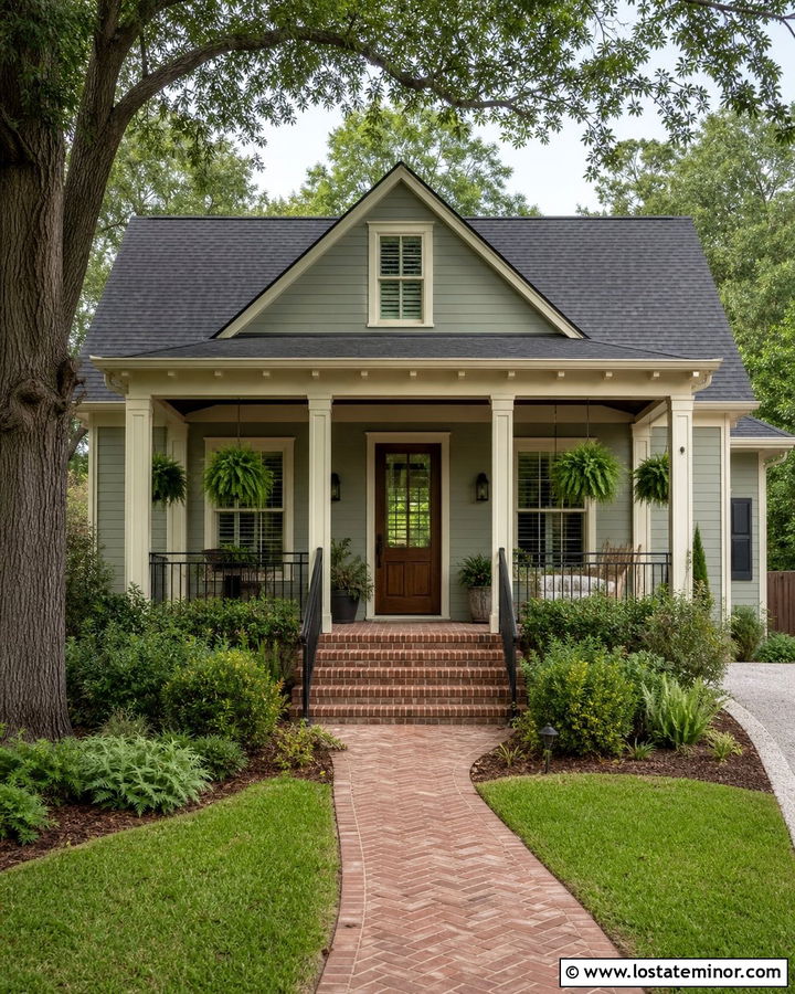 Sage Green House With Brick Porch Floor - 30 Sage Green House Design With Brick Accents Ideas