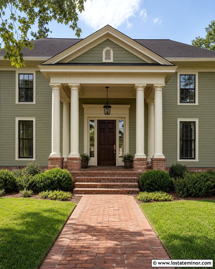 Sage Green House With Brick Portico - 30 Sage Green House Design With Portico Ideas