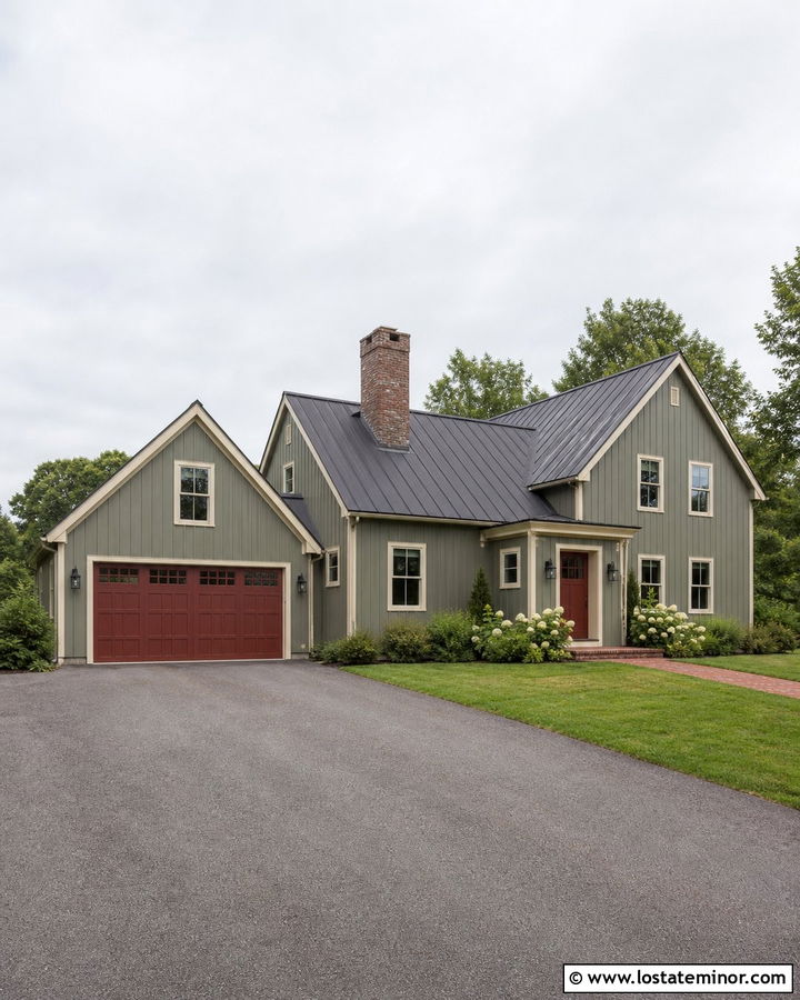 Sage Green House With Brick Red Garage Door - 30 Sage Green House Design With Garage Door Ideas