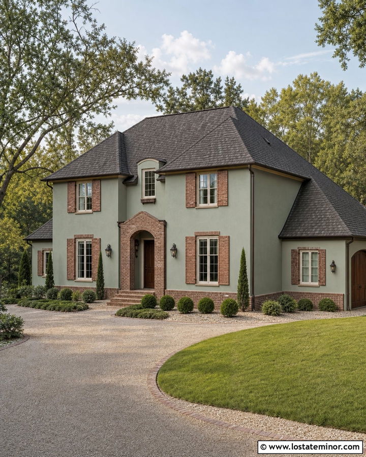 Sage Green House With Brick Shutters - 30 Sage Green House Design With Brick Accents Ideas
