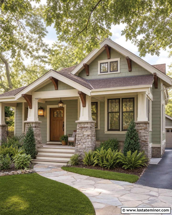 Sage Green House With Bronze Craftsman Lanterns - 30 Sage Green House Design With Lighting Ideas